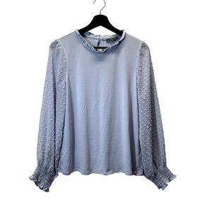 Adrianna Papell Anthropologie Top Womens M Blue Ruffle Neck Dotted Long Sleeves